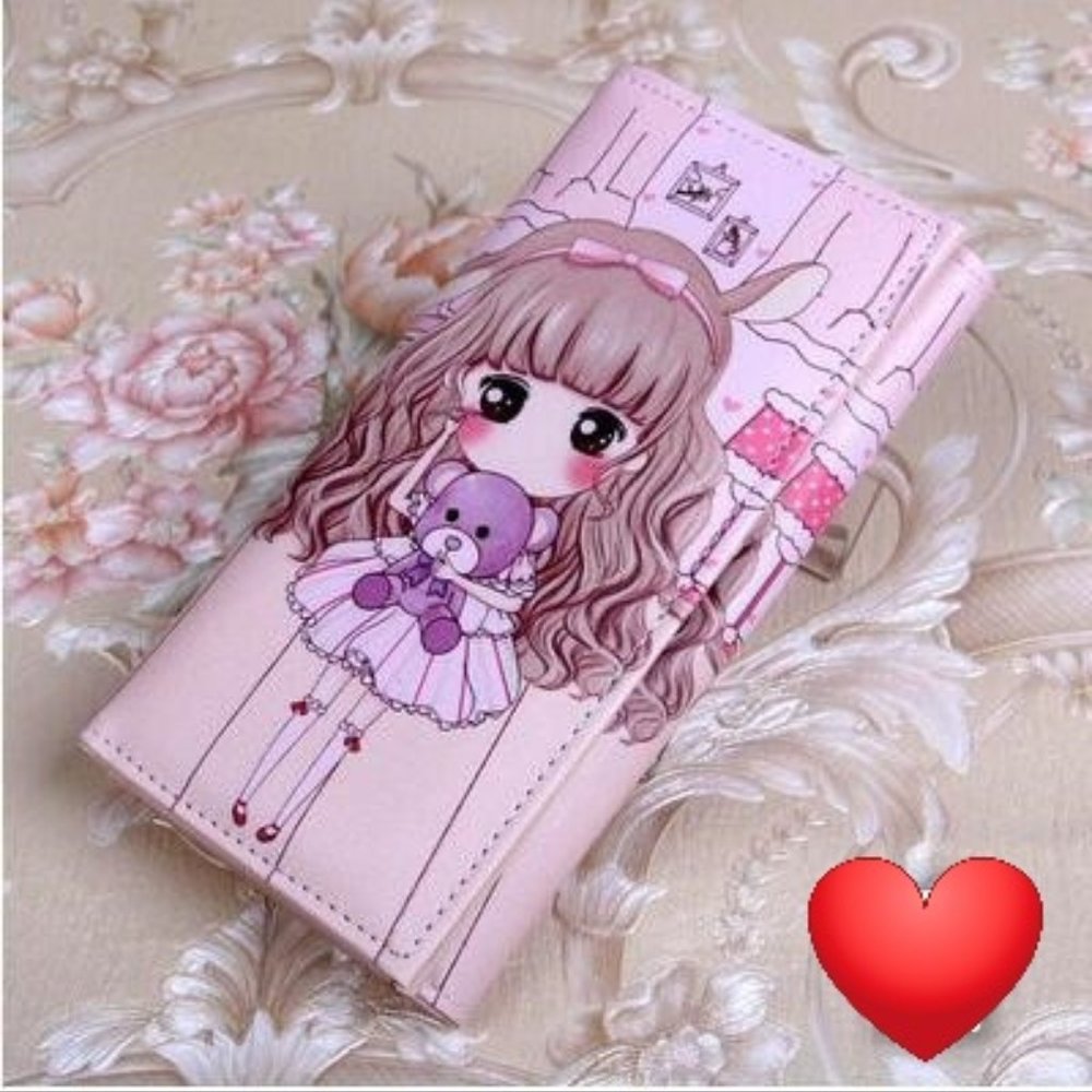 New PU Leather Cartoon Girl Doll Pink Cute Long Wallet